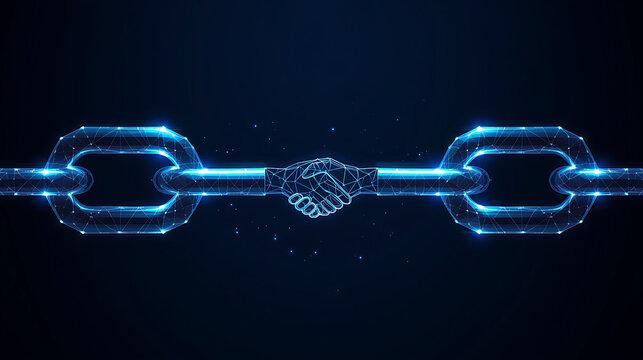 Blockchain Technology with Digital Handshake Represents Trust and Secure Connection in Business and Finance