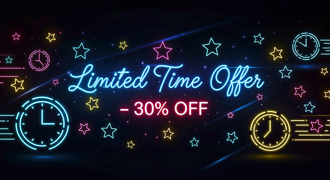 Limited Time Offer 30 Percent Off Neon Banner with Colorful Lights and Countdown Theme for Urgent Shopping Promotion
