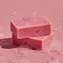 Two pink bars of soap with bubbles on a soft pink background.
