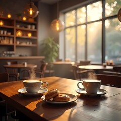 Two steaming cups of coffee with cookies on wooden table in caf&eacute;  