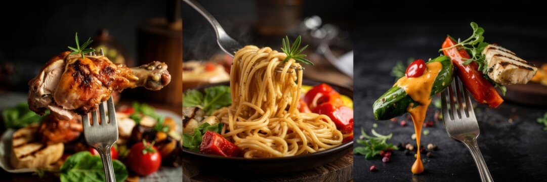 Three photos showing three forks. A photo with a baked chicken leg, on the other - noodles with sauce, on the last - grilled vegetables. An advertising banner with space for the text.