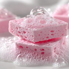 Pink sponges with abundant soap suds and bubbles create a clean and refreshing look.