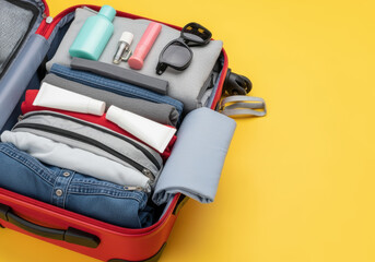 Open suitcase packed with clothing, toiletries, and travel accessories on a bright yellow background for vacation or business trip