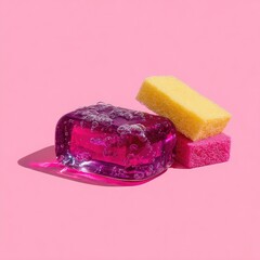 Pink sponges and purple bubbly soap on pink background.
