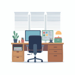 A detailed illustration of a modern home office desk with two computer monitors, an ergonomic chair, and various office supplies, set against a backdrop of windows with blinds.