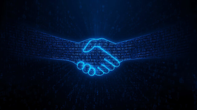 Digital Handshake Glowing Blue Outline Represents Partnership Agreement and Technology Collaboration