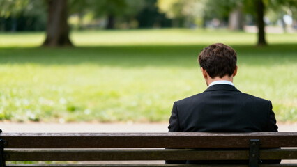 Back view of a man in a business suit sitting alone on a bench in a park