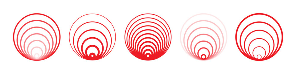 Red semi circular pain icons with gradient fading and radiating arcs from bottom center. Visual symbols for indicating pain intensity, joint discomfort, pressure areas. Healthcare vector illustration.