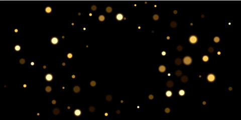 Gold light background with bokeh effect. Golden glittering lights on black background. Festive holiday shiny luxury backdrop. Abstract vector illustration.