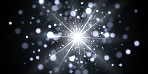 Light glare with glitter explosion and glowing particles on dark. White bright sparkling burst radiating warm light dynamic motion effect. Festive glow with bokeh highlights. Vector illustration.