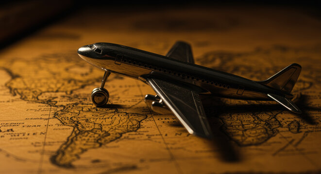 Metallic toy airplane positioned on vintage world map symbolizing global travel adventures, journeys, and exploration concepts