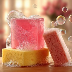 Pink soap bar and sponges lathered with bubbles on a wooden surface.
