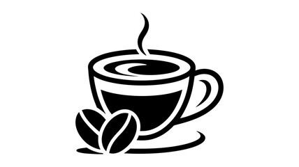 Obraz premium Steaming coffee cup icon with coffee beans, minimalist black and white vector graphic illustrating morning beverage, cafe, and breakfast themes.