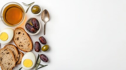 Assorted breakfast spread with sliced whole grain bread boiled eggs olives and fresh herbs on a white background for healthy meal preparation and brunch settings