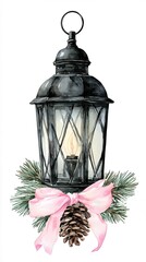 Beautiful Watercolor Lantern With Pine Decorations and Pink Ribbon on White Background Generative AI