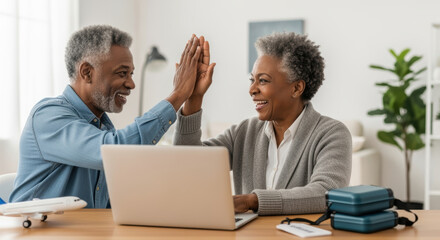 Joyful senior couple planning their travel itinerary together at home on a laptop, celebrating successful vacation arrangements
