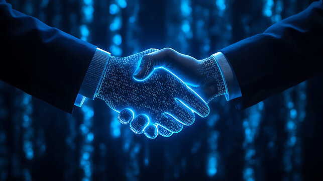 Digital handshake symbolizing partnership in technology and business with binary code integration and futuristic blue lighting - Powered by Adobe