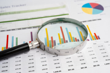 Magnifying glass on graph paper. Financial development, Banking Account, Statistics, Investment Analytic research data economy, Business.