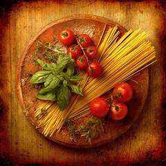 Raw spaghetti, ripe tomatoes, and fresh basil create an Italian meal concept.