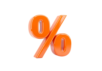 Glossy orange percentage symbol isolated on transparent background for financial and sale promotions