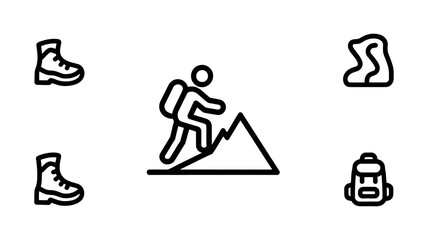 Outdoor adventure line icons set depicting hiking, mountaineering, and trekking gear like boots, backpacks, and a person climbing a mountain peak.