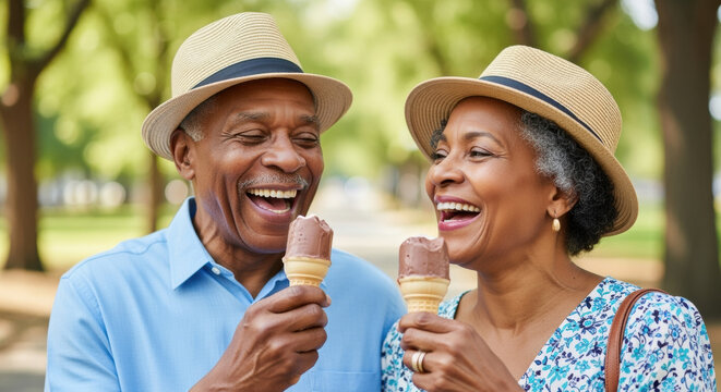 Senior couple enjoying chocolate ice cream cones together outdoors on a sunny day in a park, smiling and sharing a joyful moment - Powered by Adobe