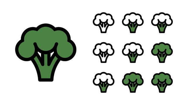 Broccoli icon set, featuring vibrant green and crisp outline variations, perfect for healthy eating, fresh vegetable concepts, and organic food illustrations.
