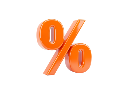 Glossy orange percentage symbol isolated on transparent background for financial and sale promotions