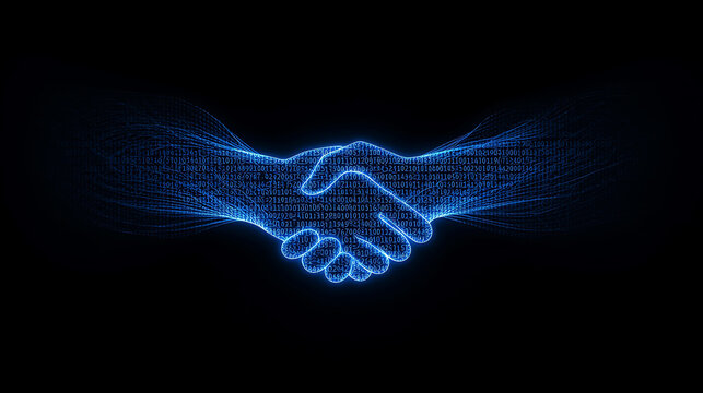 Digital Partnership Innovation Handshake Concept with Binary Code Connection and Trust in Cyber Space Technology