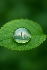 Cityscape Reflected in a Water Droplet on Green Leaf