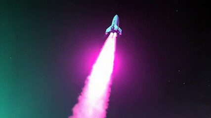 Rocket launching from futuristic neon purple landscape