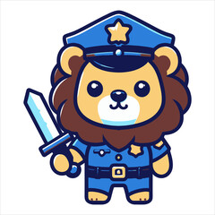 Cute kawaii lion police officer character, a charming flat vector logo mascot for law enforcement or security branding