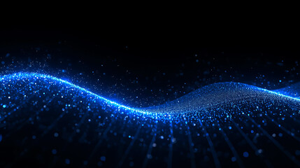 Dynamic blue particle wave on black background futuristic technology innovation concept