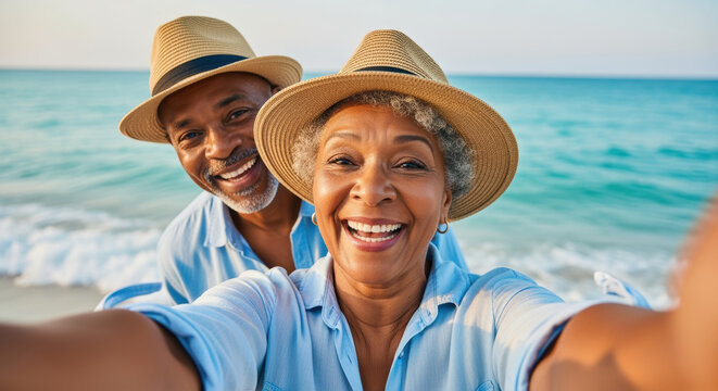 Joyful senior couple taking a selfie together on a sunny beach, smiling and enjoying vacation by the sea in matching summer hats