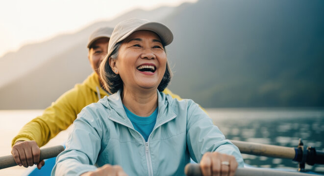 Joyful mature woman rowing a boat on a calm lake with scenic mountains in the background during a bright morning adventure