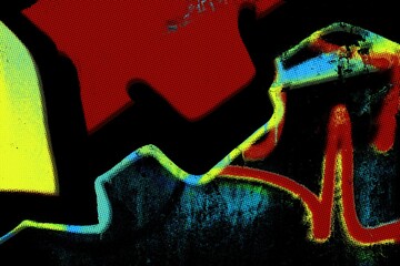 Abstract graffiti art poster in neon red, yellow, blue. 80s influence, urban, bold lines, vibrant colors, retro halftone grungy effect. Digital art, street art, modern backgrounds, creative headers