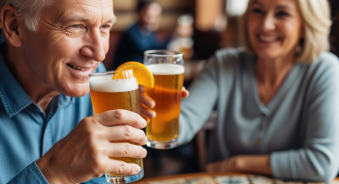 Smiling senior man enjoying a glass of craft beer with a cheerful woman at a casual indoor gathering in a relaxed atmosphere