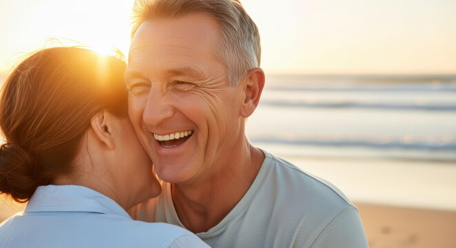 Smiling mature couple embracing on sunny beach at sunset, happiness and connection outdoors in warm natural golden light