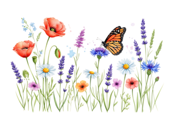 Vibrant watercolor depiction of a butterfly among wildflowers including poppies daisies and lavender isolated on transparent background