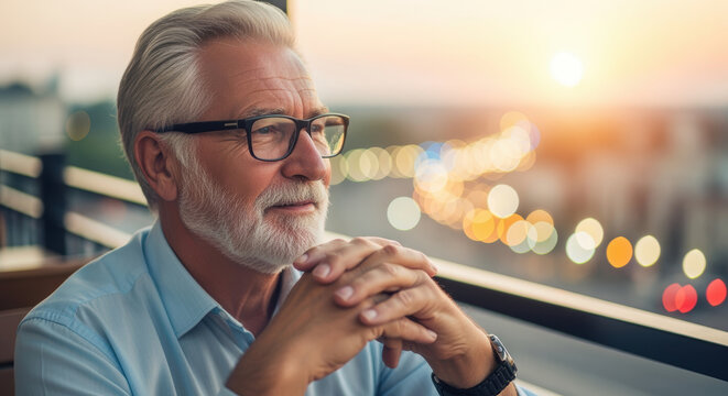 senior man with gray hair and beard wearing glasses, sitting outdoors at sunset, gazing thoughtfully into the distance