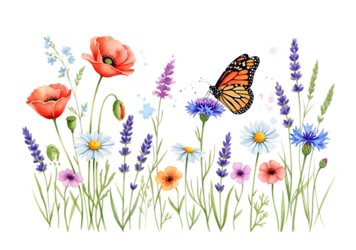 Vibrant watercolor depiction of a butterfly among wildflowers including poppies daisies and lavender isolated on transparent background