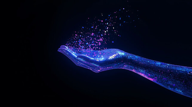 Futuristic Robotic Hand Holding Digital Particles Creating a Sci Fi Concept of Artificial Intelligence