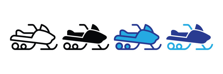 Snowmobile vector icon set: outline, solid black, and blue variations for winter sport, travel, and recreation isolated on white background