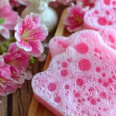 Pink bath sponges and flowers create a serene spa scene.