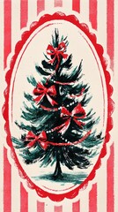 Stylized Christmas Tree Illustration Surrounded by Red and White Stripes Generative AI