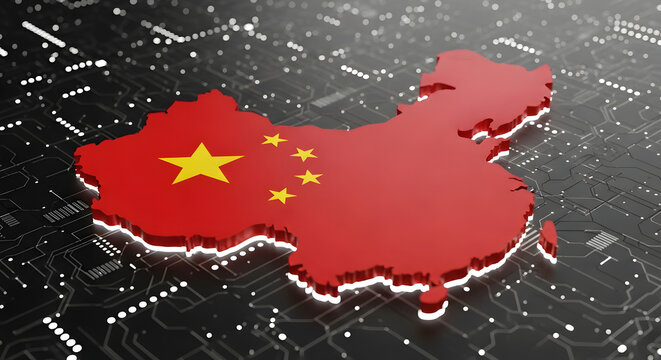 3D Map of China with national flag on a digital circuit board background, concept of China's technology and digital economy.