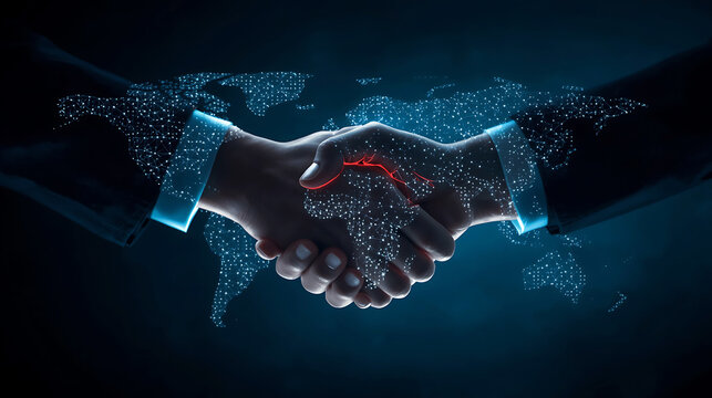 Global business handshake with world map integration depicting partnership and international collaboration in the digital age - Powered by Adobe