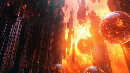 Glowing information spheres floating in futuristic city structure - Powered by Adobe