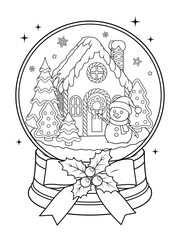 A cute Christmas snow globe with a ginger bread house and a snowman. Vector coloring page.