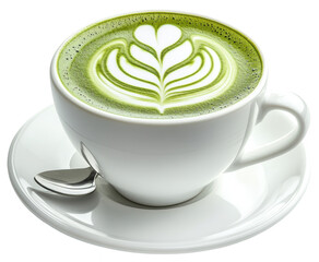 matcha latte art in a white ceramic cup isolated on transparent background